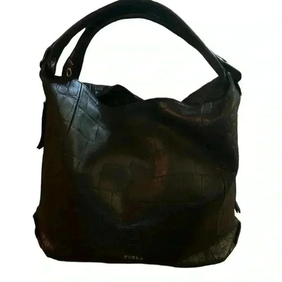 Furla Black Leather Croc‎ Embossed Shoulder Bag Purse - Picture 6 of 16